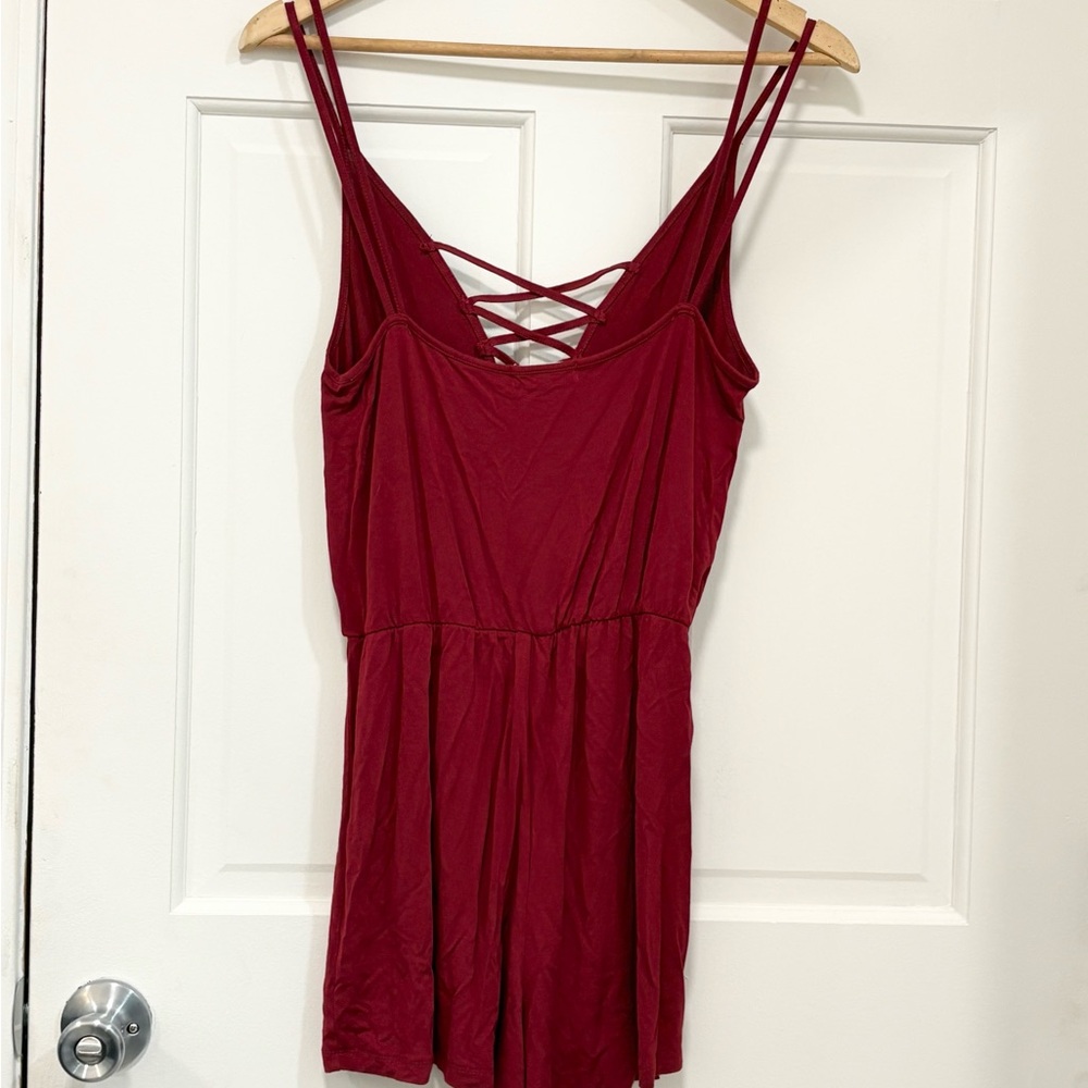 Free People Romper Burgundy Crisscross V-neck Boho Relaxed Beach Summer Size M - Picture 5 of 11